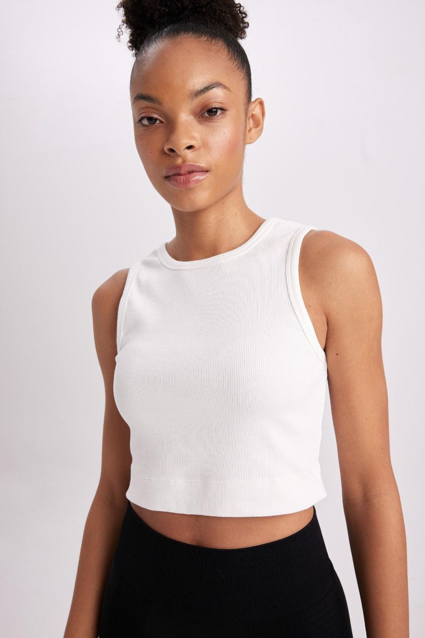 WOMAN Ecru Slim Fit Ribbed Sports Crop Top