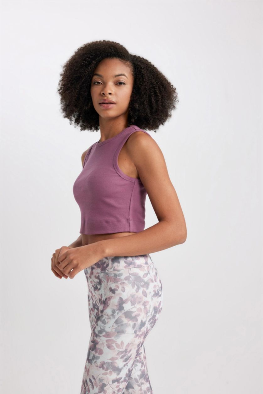 نساء بنفسجي كروب توب سليم فيت بياقة مستديرة بدون كم
