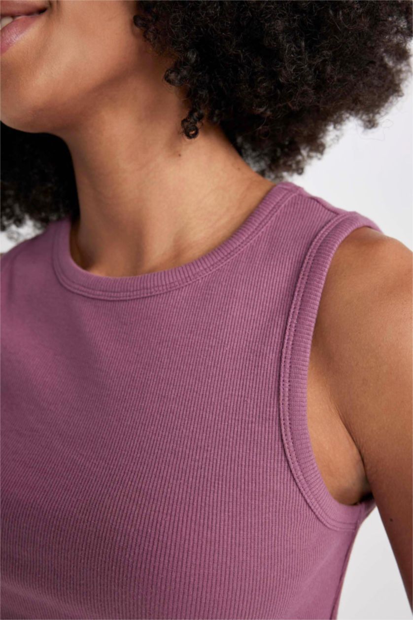 نساء بنفسجي كروب توب سليم فيت بياقة مستديرة بدون كم