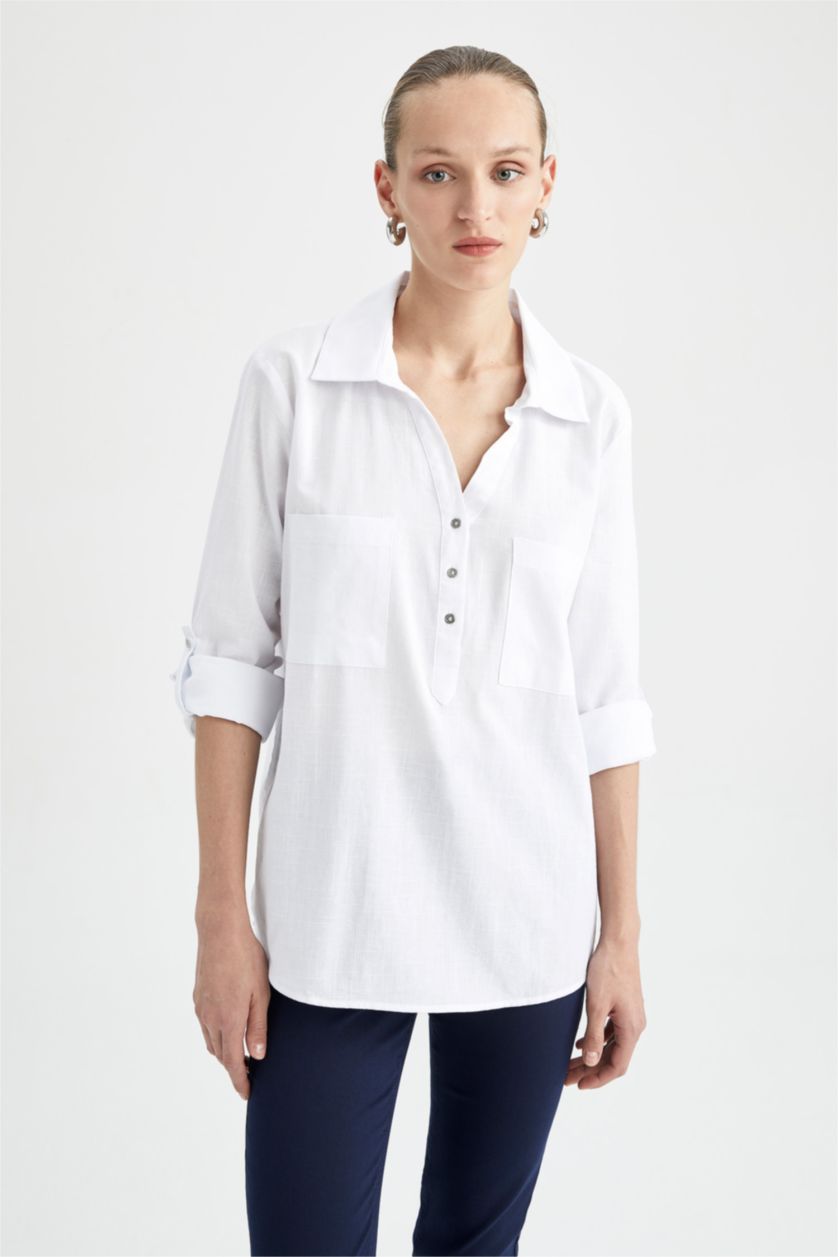 FEMME Blanc Chemise longue à manches longues 100% coton Coupe régulière