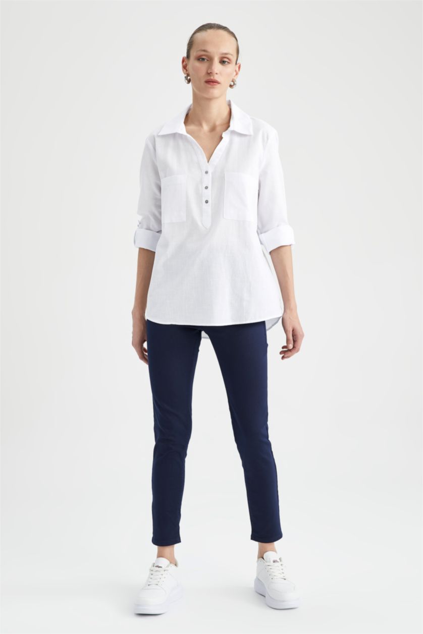 FEMME Blanc Chemise longue à manches longues 100% coton Coupe régulière