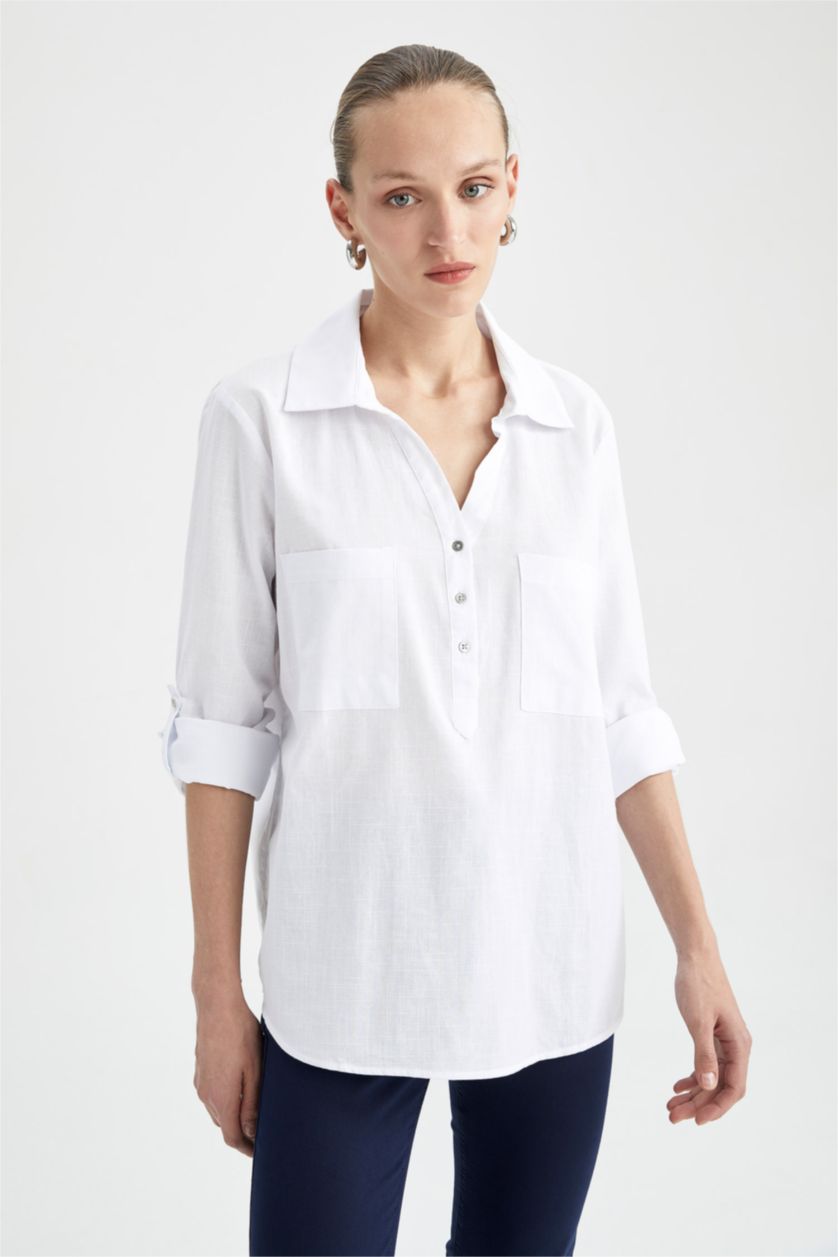 FEMME Blanc Chemise longue à manches longues 100% coton Coupe régulière