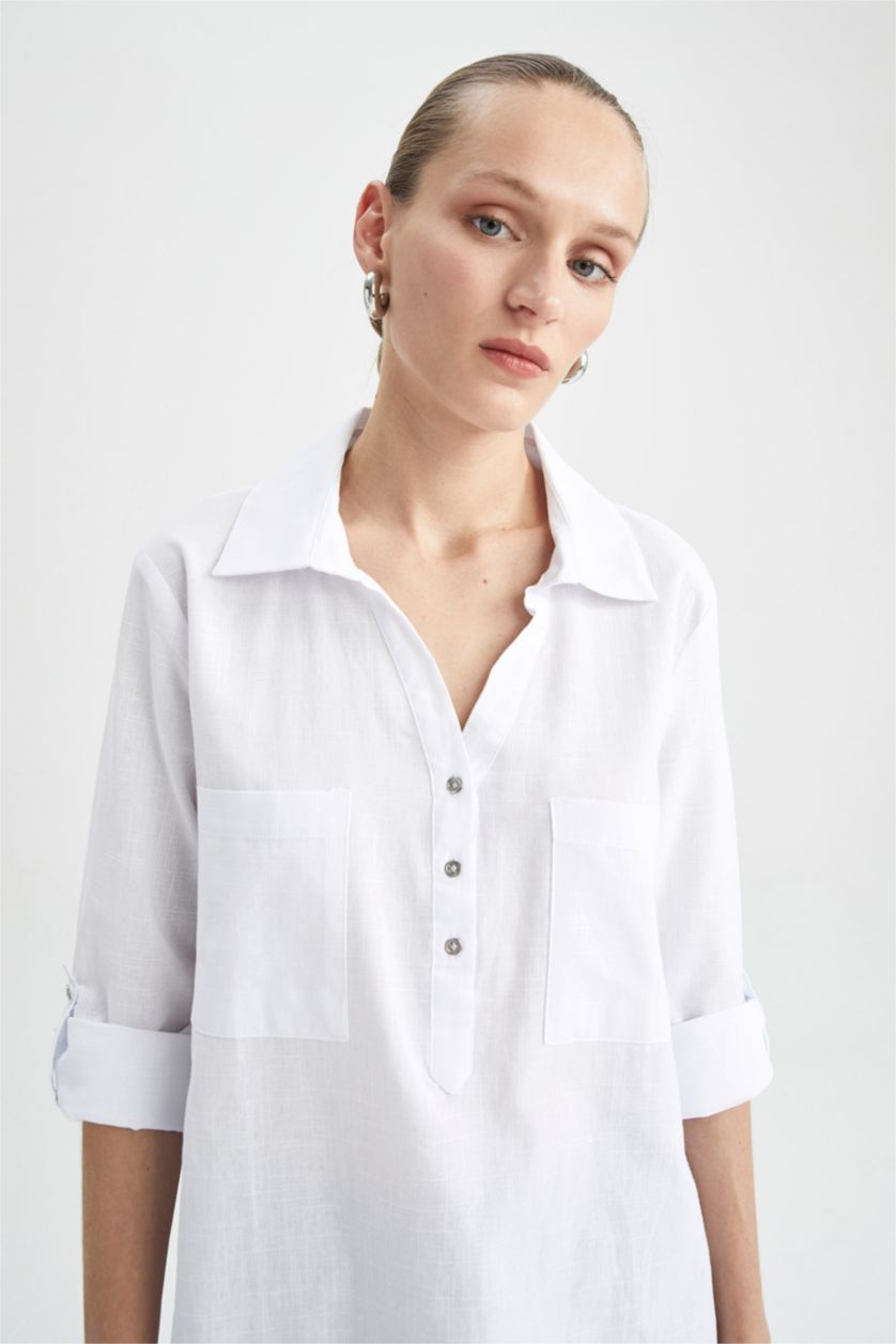 FEMME Blanc Chemise longue à manches longues 100% coton Coupe régulière