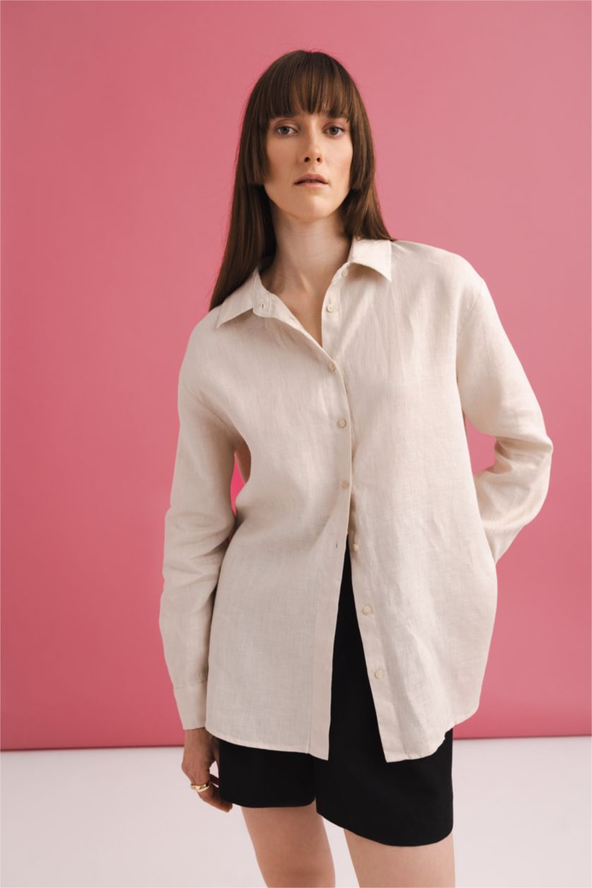 نساء بيج قميص كتان اوفر سايز بأكمام طويلة