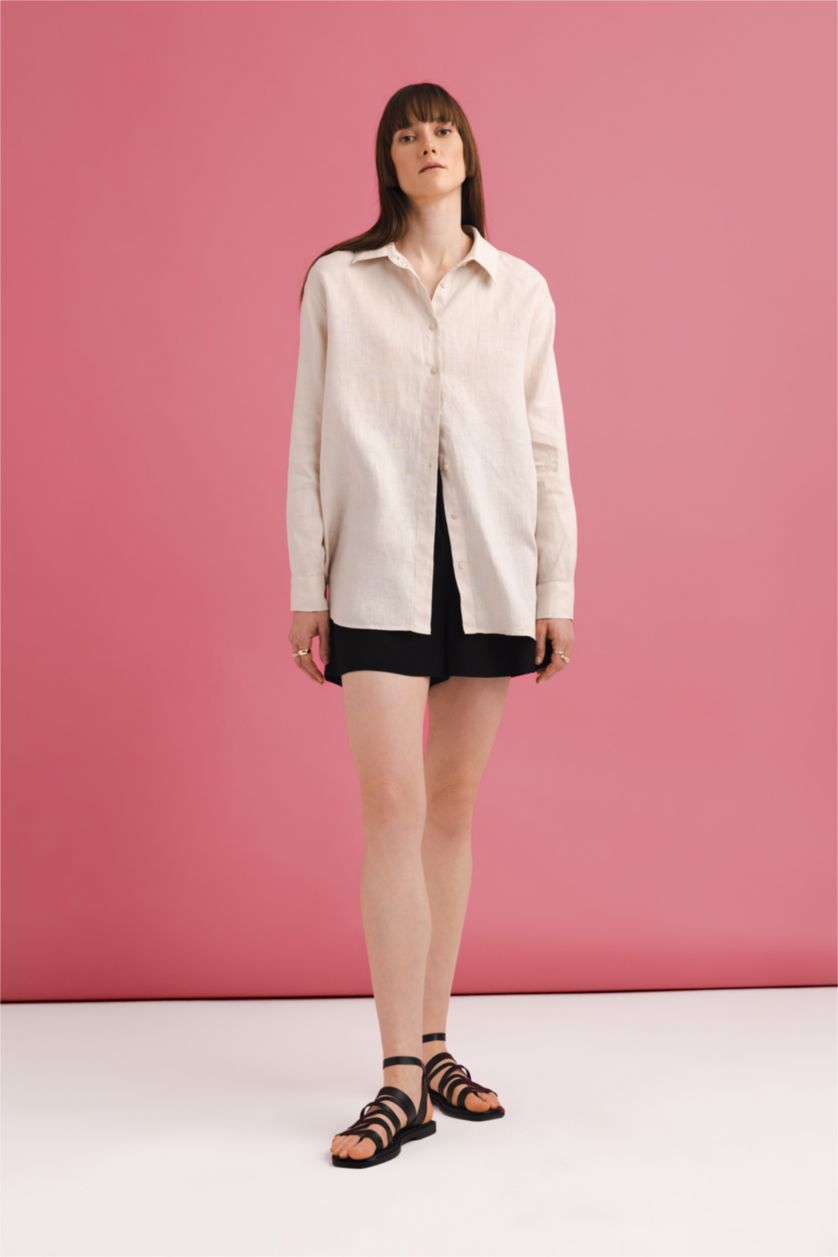 نساء بيج قميص كتان اوفر سايز بأكمام طويلة