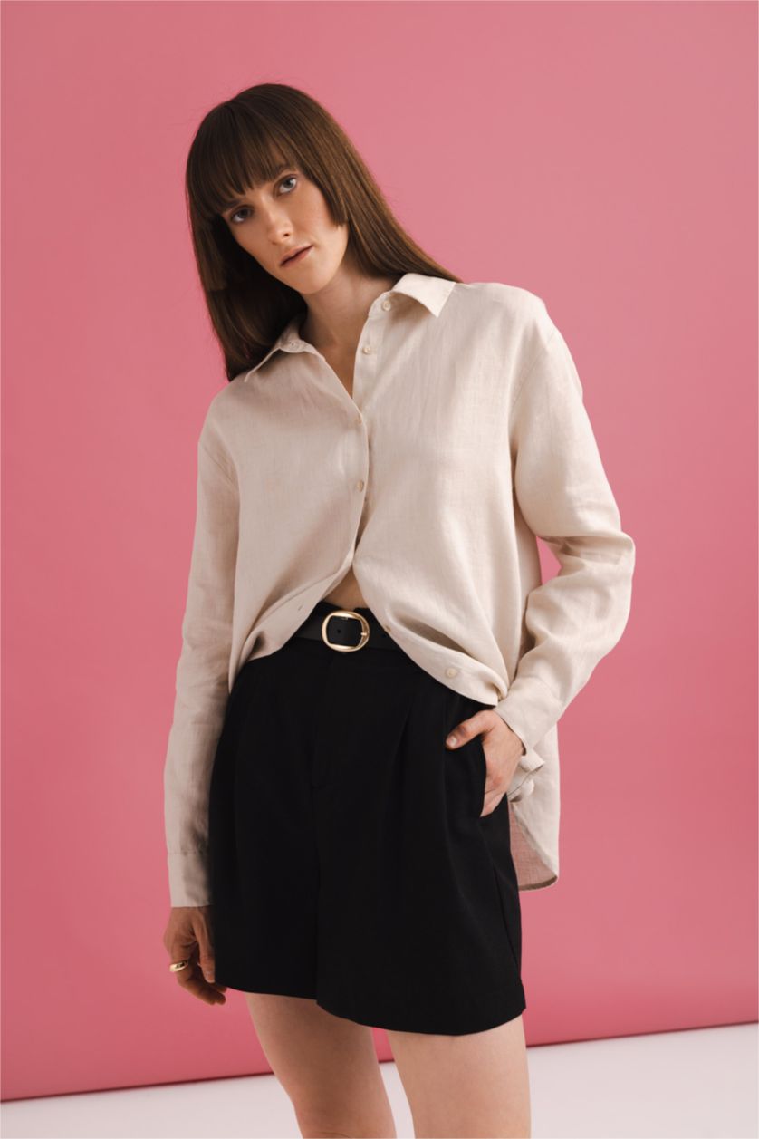 نساء بيج قميص كتان اوفر سايز بأكمام طويلة