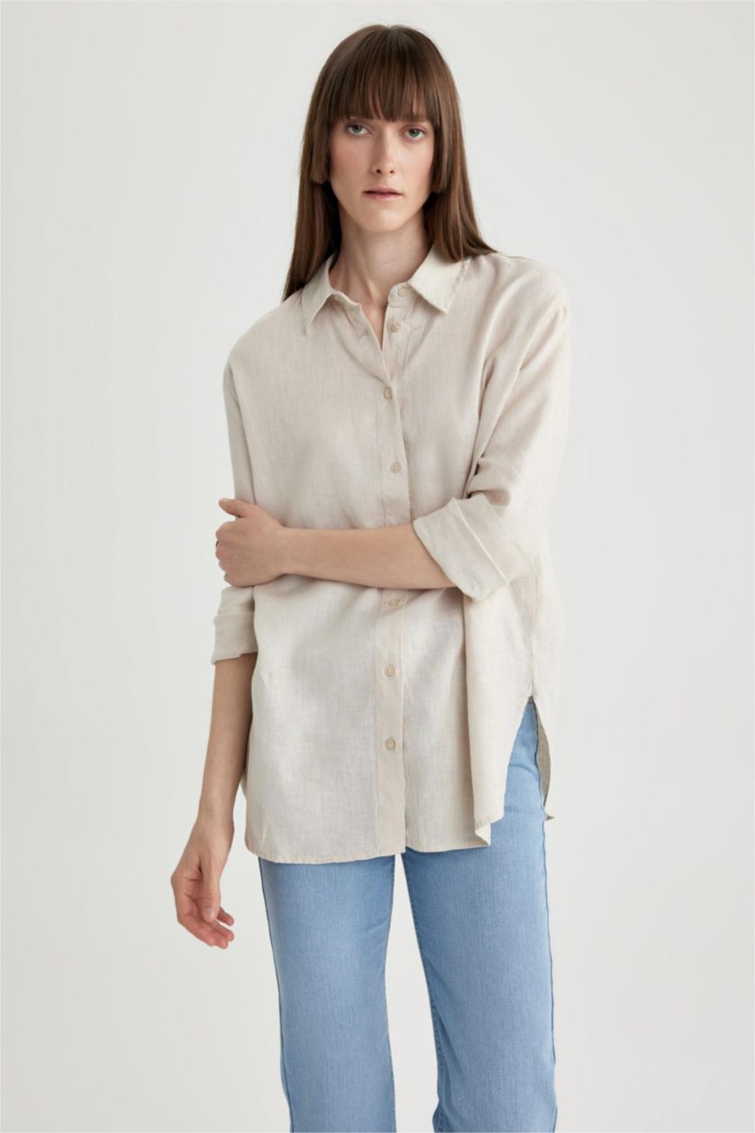 نساء بيج قميص كتان اوفر سايز بأكمام طويلة