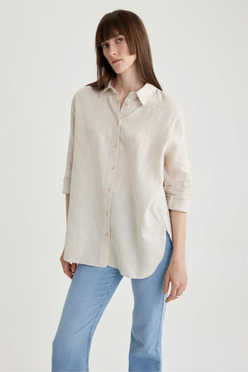 نساء بيج قميص كتان اوفر سايز بأكمام طويلة