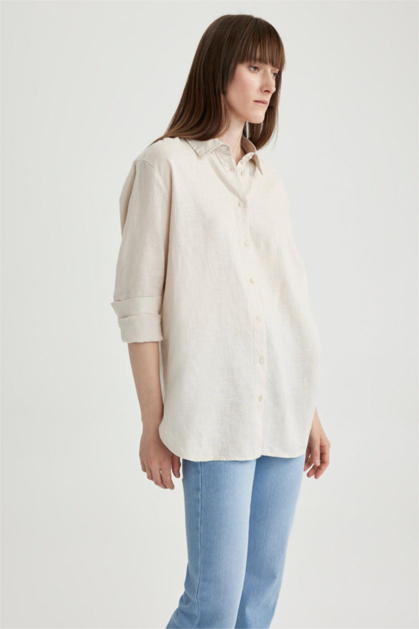 نساء بيج قميص كتان اوفر سايز بأكمام طويلة