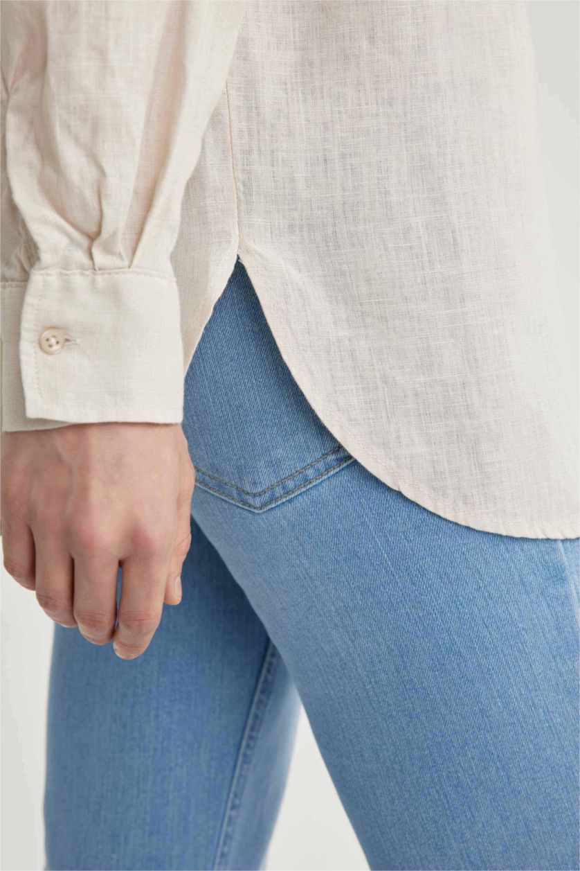 نساء بيج قميص كتان اوفر سايز بأكمام طويلة