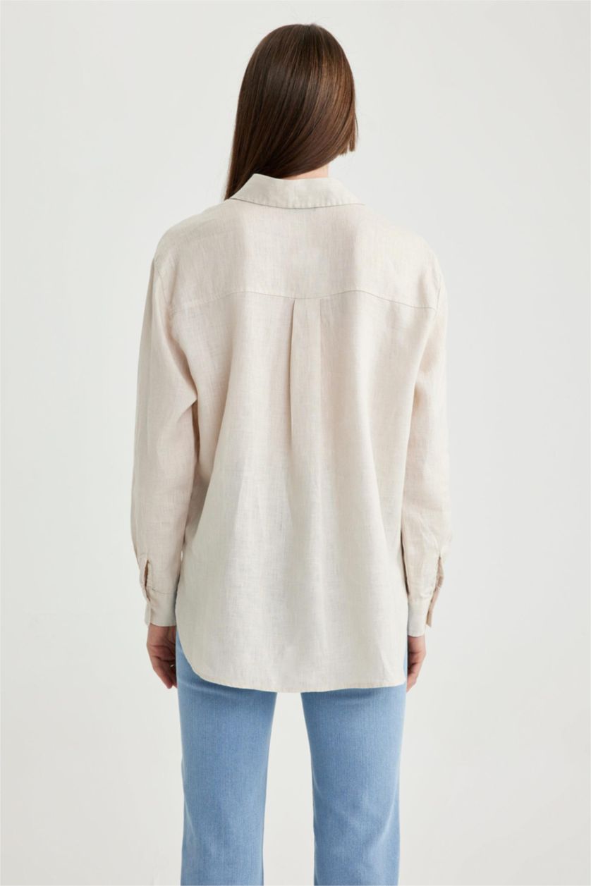 نساء بيج قميص كتان اوفر سايز بأكمام طويلة