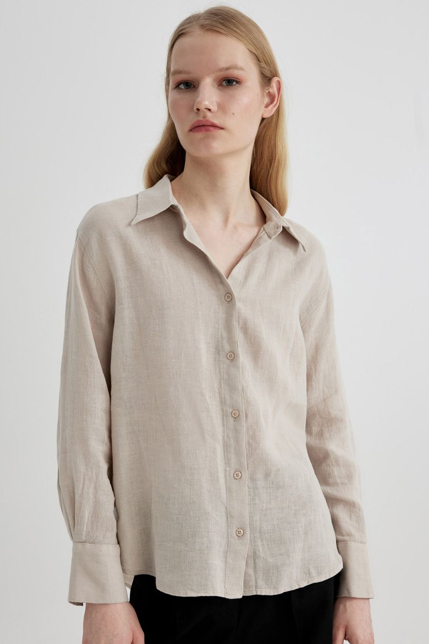 FEMME Beige Oversize Shirt Collar linen Long Sleeve Shirt