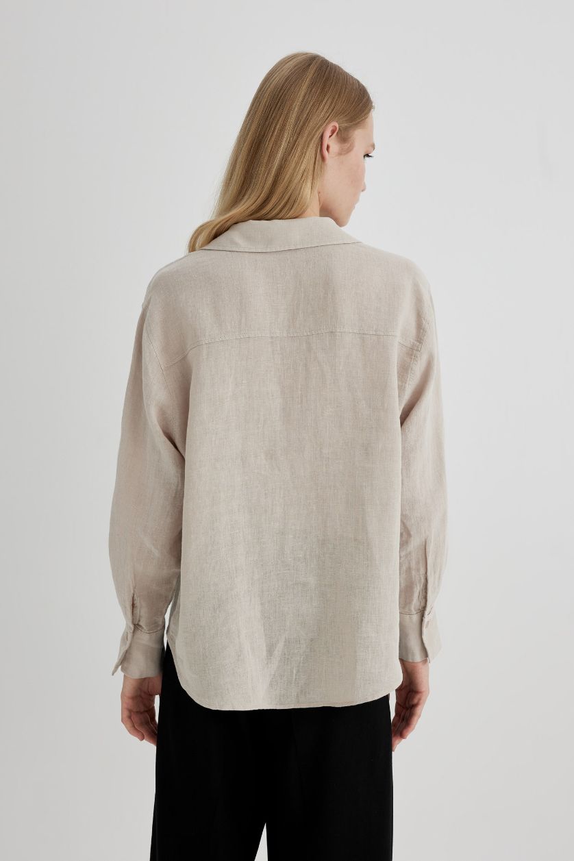 FEMME Beige Oversize Shirt Collar linen Long Sleeve Shirt