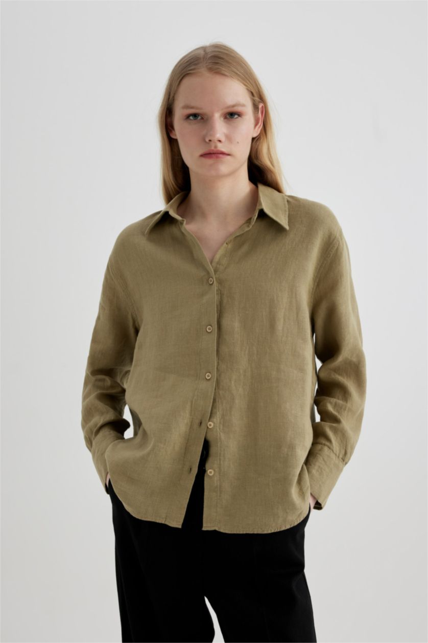 Kadın Açık Haki Oversize Geniş Kalıp %100 Keten Uzun Kollu Gömlek