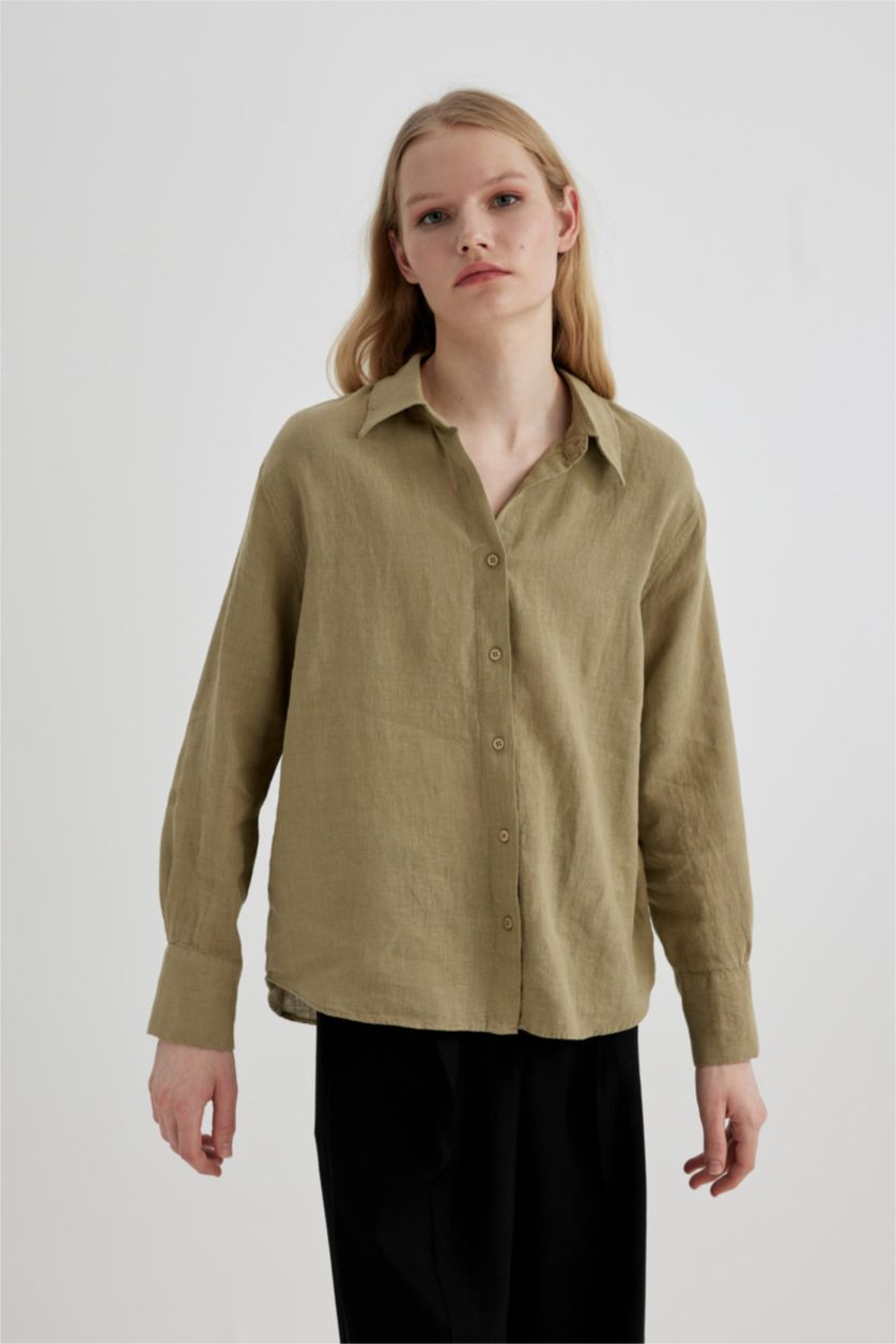 Kadın Açık Haki Oversize Geniş Kalıp %100 Keten Uzun Kollu Gömlek
