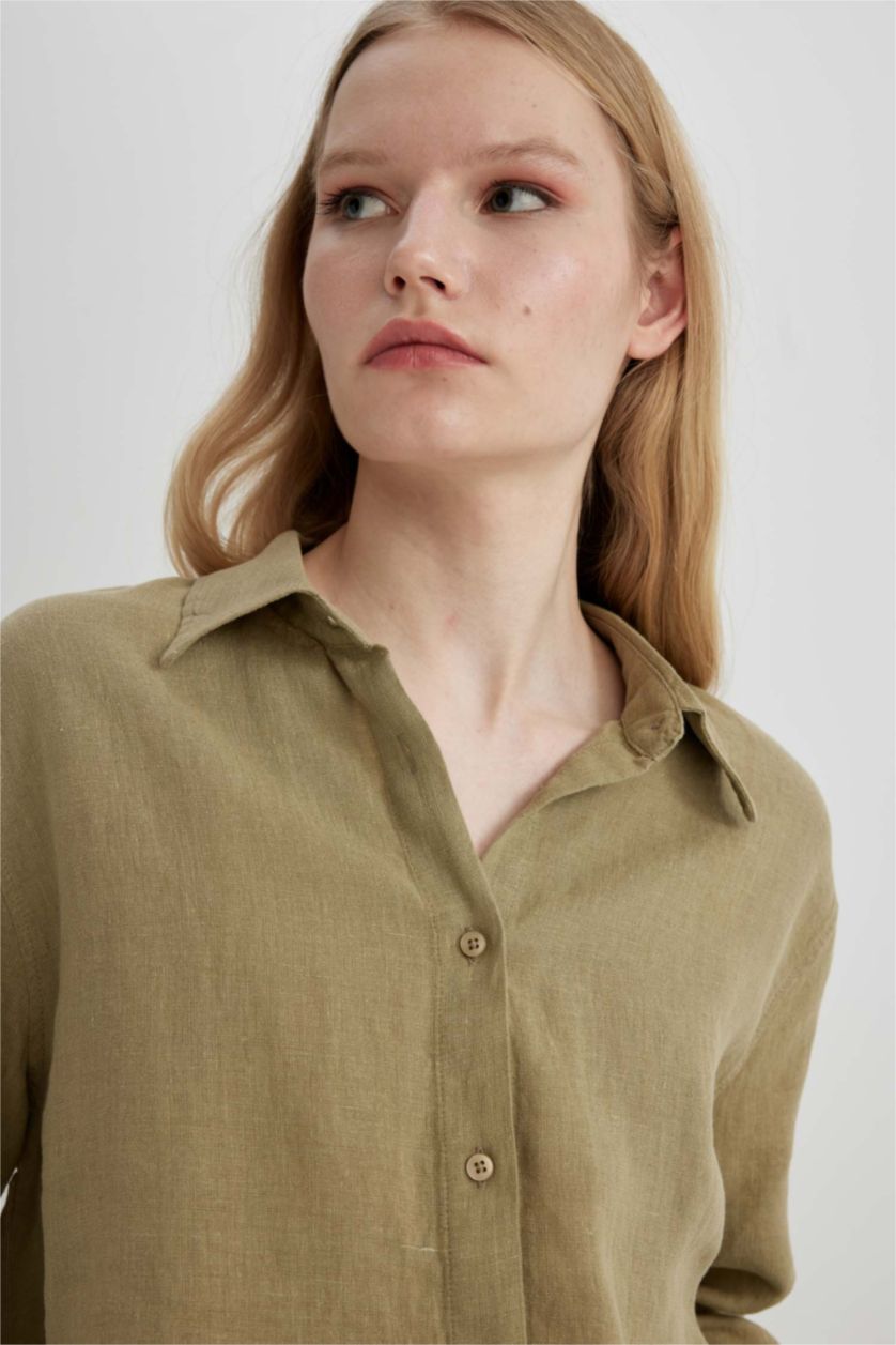 Kadın Açık Haki Oversize Geniş Kalıp %100 Keten Uzun Kollu Gömlek