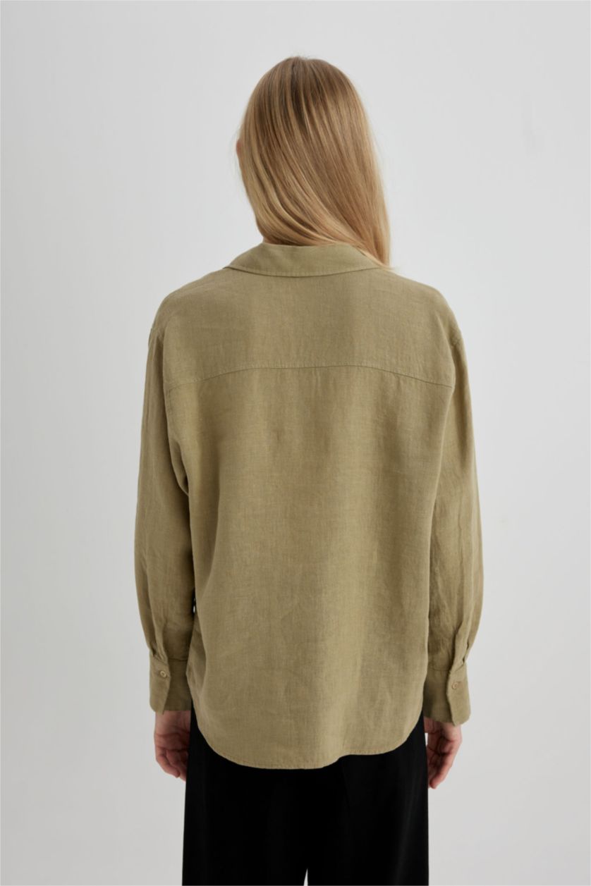 Kadın Açık Haki Oversize Geniş Kalıp %100 Keten Uzun Kollu Gömlek