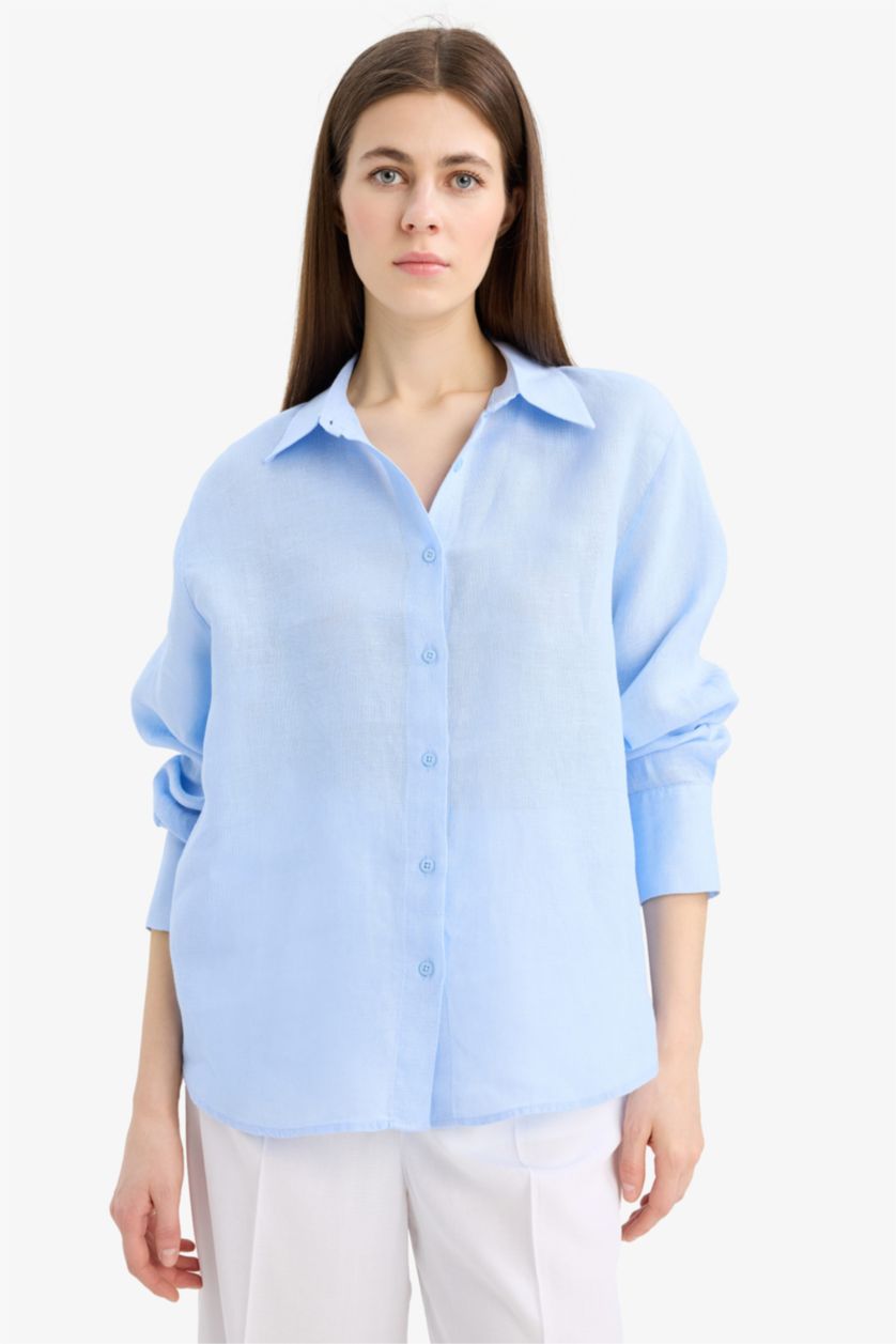 Kadın Açık Mavi %100 Keten Oversize Geniş Kalıp Uzun Kollu Gömlek