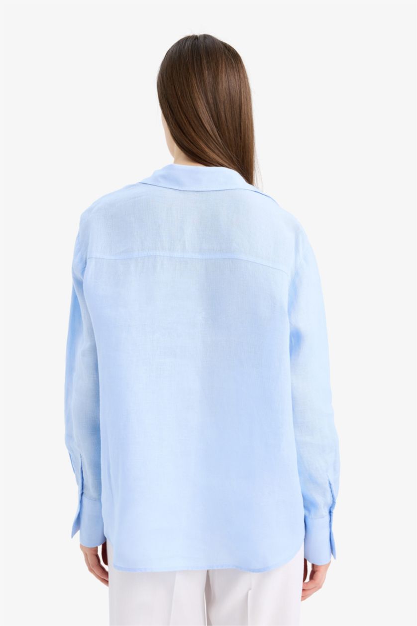 Kadın Açık Mavi %100 Keten Oversize Geniş Kalıp Uzun Kollu Gömlek