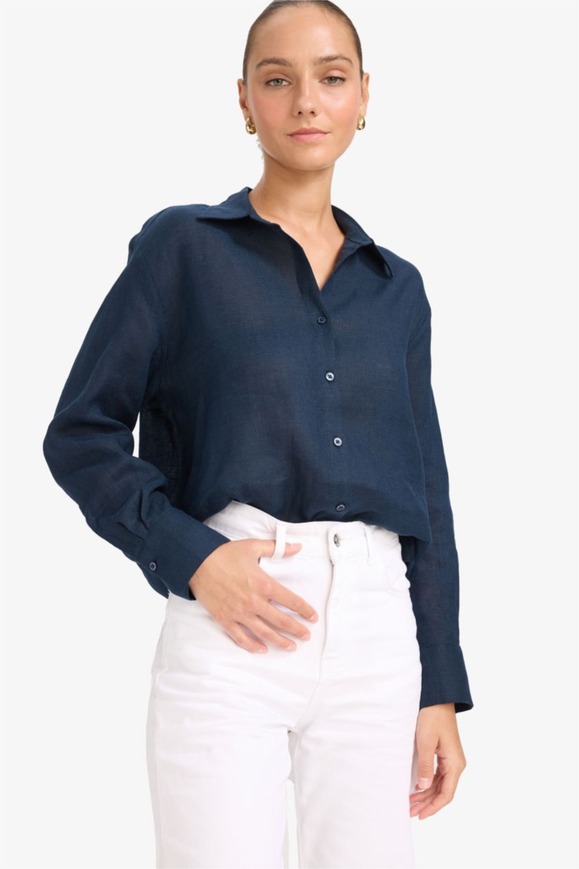 Kadın Lacivert %100 Keten Oversize Geniş Kalıp Uzun Kollu Gömlek