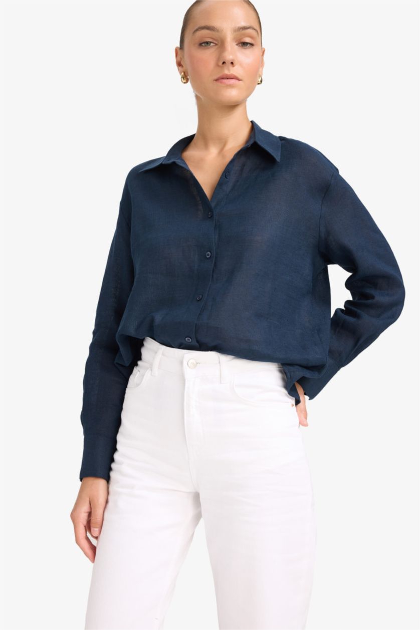 Kadın Lacivert %100 Keten Oversize Geniş Kalıp Uzun Kollu Gömlek