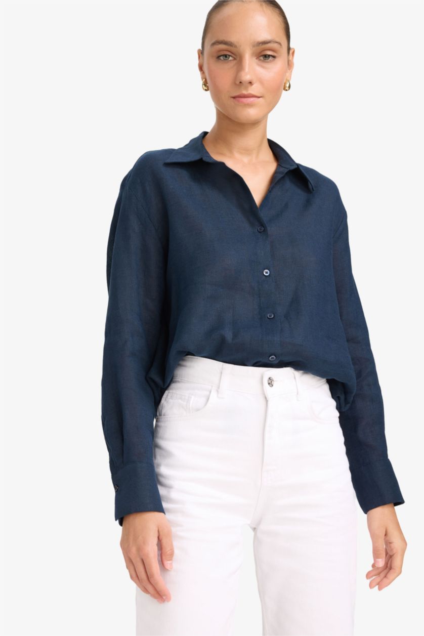 Kadın Lacivert %100 Keten Oversize Geniş Kalıp Uzun Kollu Gömlek