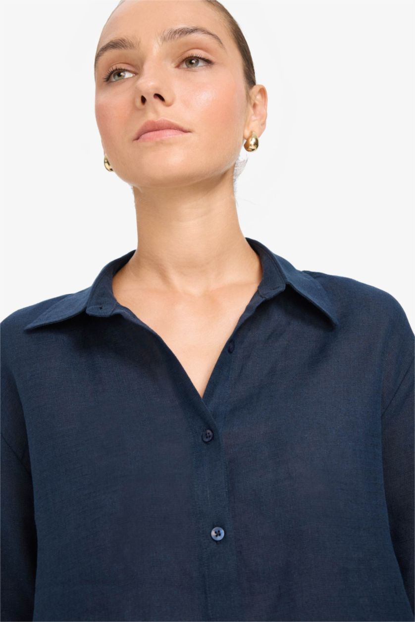 Kadın Lacivert %100 Keten Oversize Geniş Kalıp Uzun Kollu Gömlek