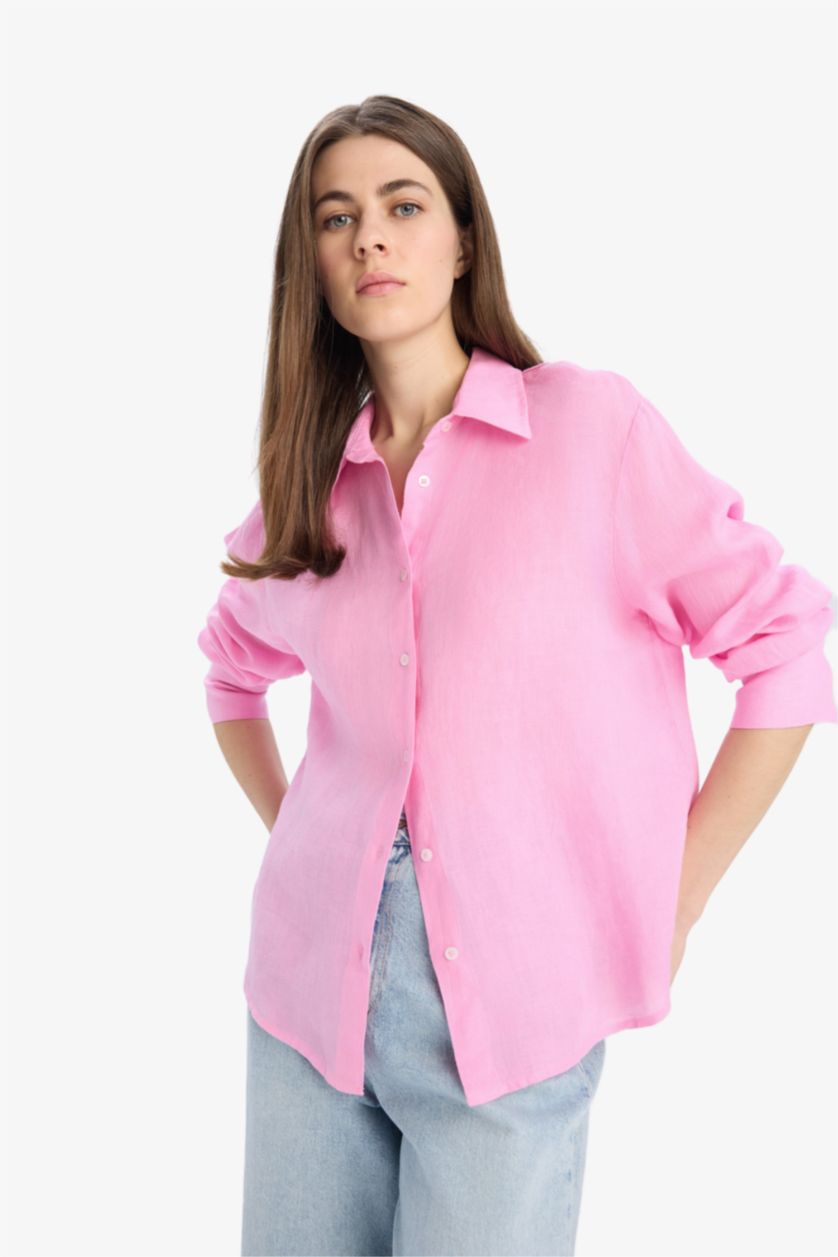 Kadın Pembe %100 Keten Oversize Geniş Kalıp Basic Düz Pembe Uzun Kollu Gömlek