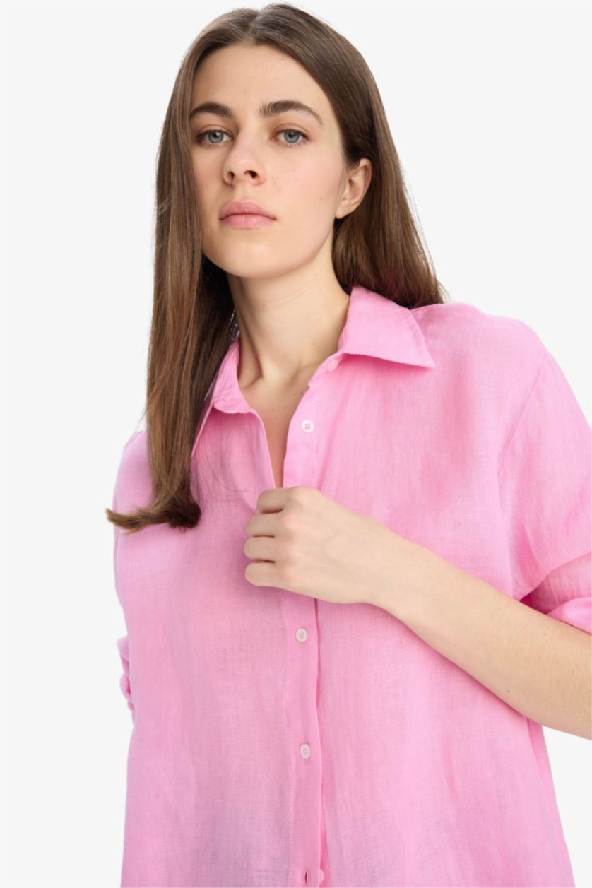 Kadın Pembe %100 Keten Oversize Geniş Kalıp Basic Düz Pembe Uzun Kollu Gömlek