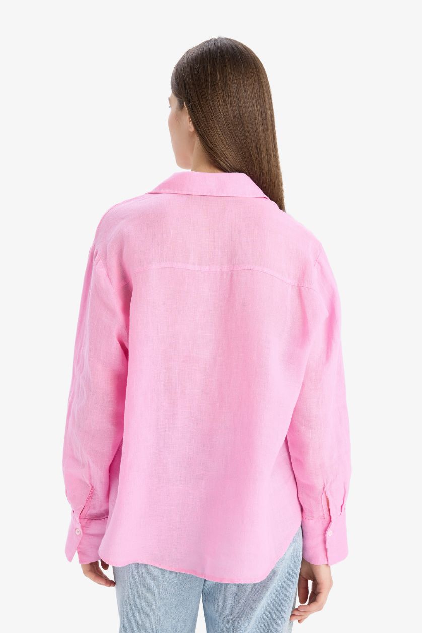 Kadın Pembe %100 Keten Oversize Geniş Kalıp Basic Düz Pembe Uzun Kollu Gömlek