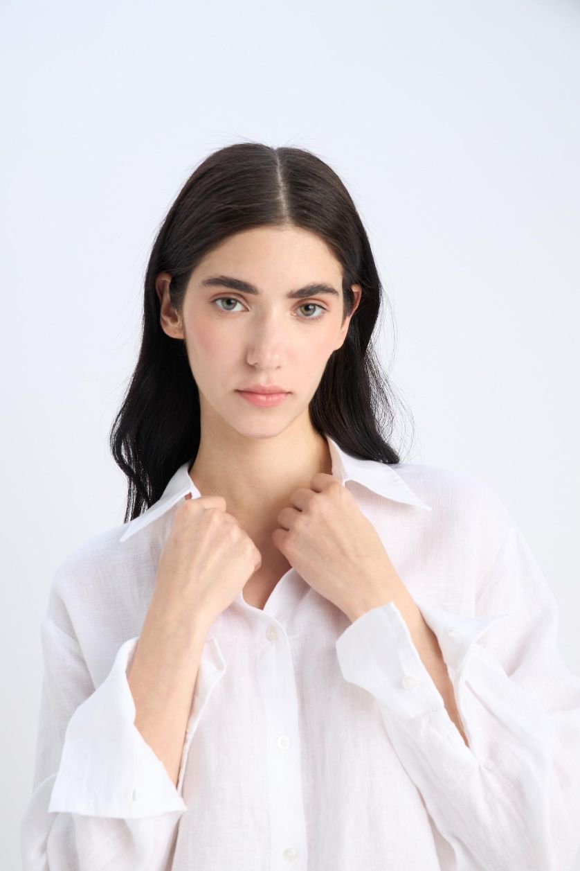 Kadın Beyaz %100 Keten Oversize Geniş Kalıp Uzun Kollu Beyaz Gömlek