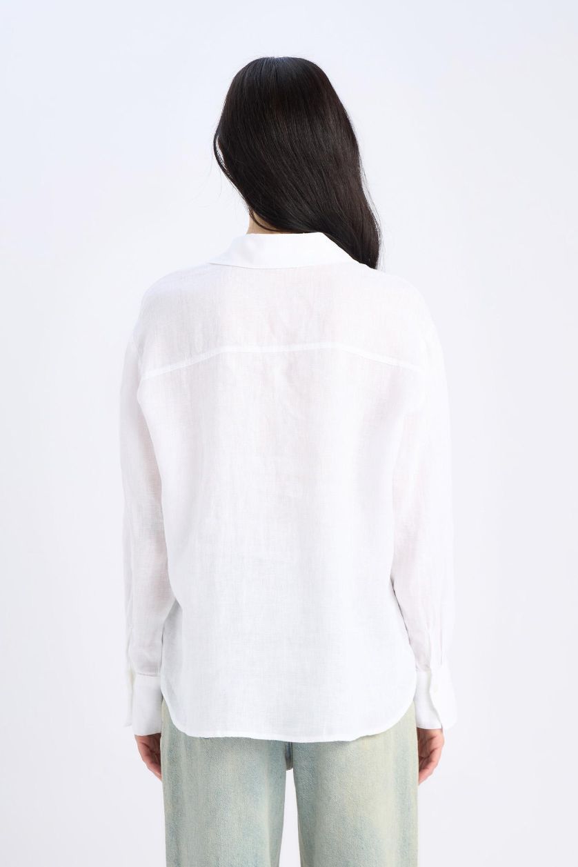 Kadın Beyaz %100 Keten Oversize Geniş Kalıp Uzun Kollu Beyaz Gömlek