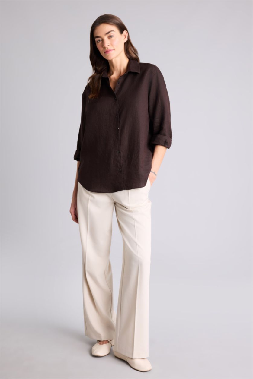 Kadın Kahve Oversıze Keten Gömlek