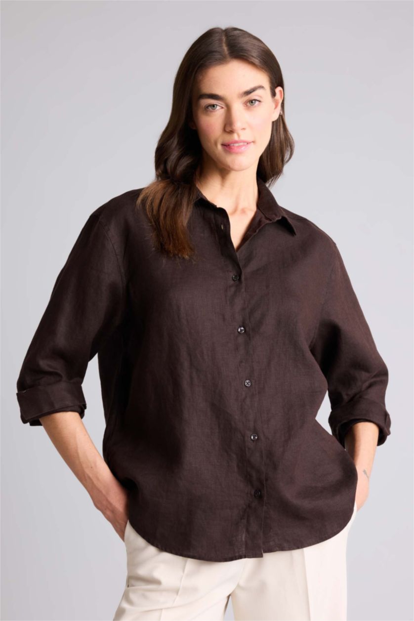 Kadın Kahve Oversıze Keten Gömlek