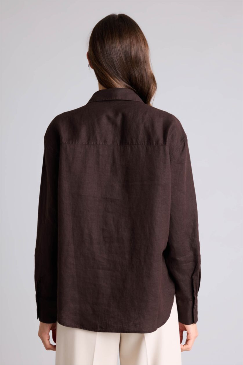 Kadın Kahve Oversıze Keten Gömlek