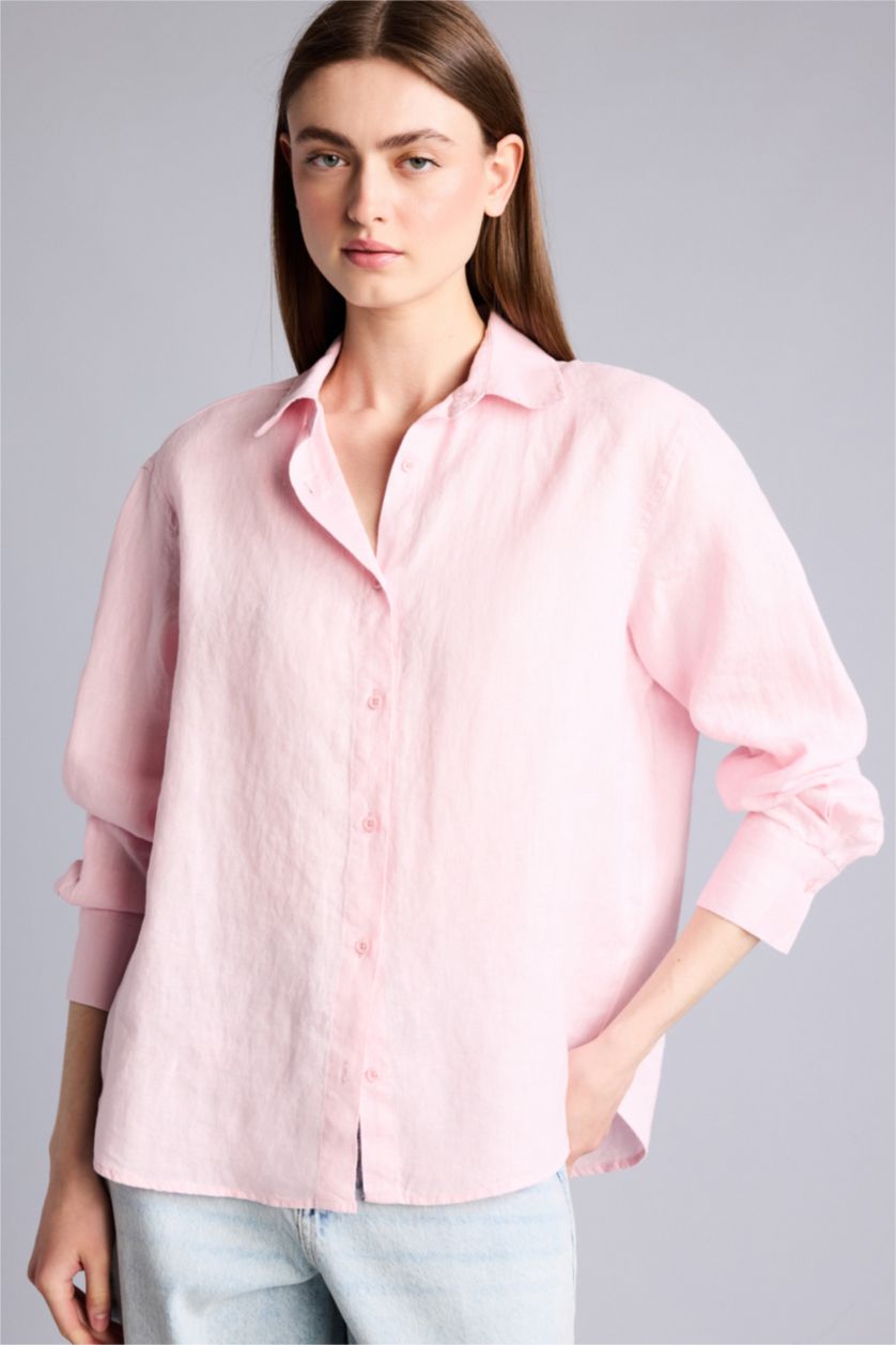 Kadın Pembe Oversize Uzun kollu Keten Gömlek