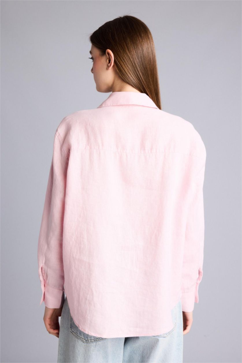 Kadın Pembe Oversize Uzun kollu Keten Gömlek
