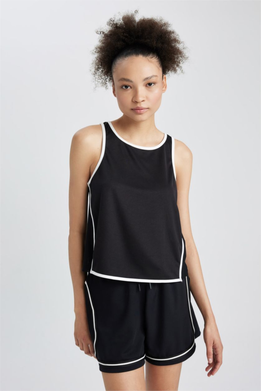 WOMAN Black Crop Slogan Printed Crew Neck Combed Sports Undershirt