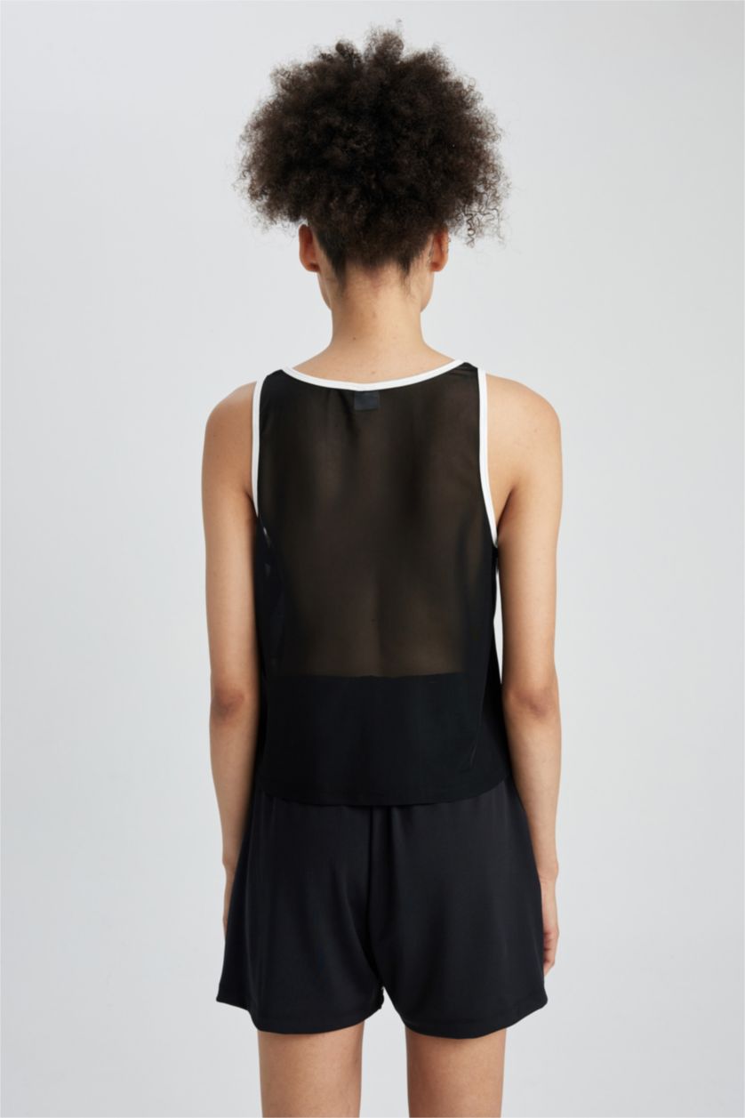 WOMAN Black Crop Slogan Printed Crew Neck Combed Sports Undershirt