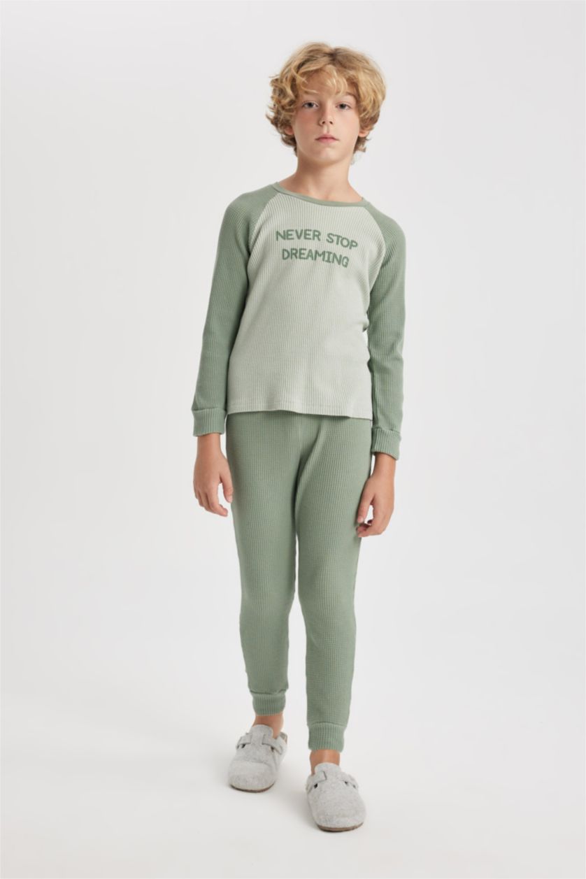 أولاد أخضر فاتح سيت بيجاما وافل قصة عادية - قطعتين