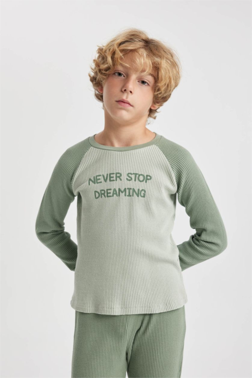 أولاد أخضر فاتح سيت بيجاما وافل قصة عادية - قطعتين