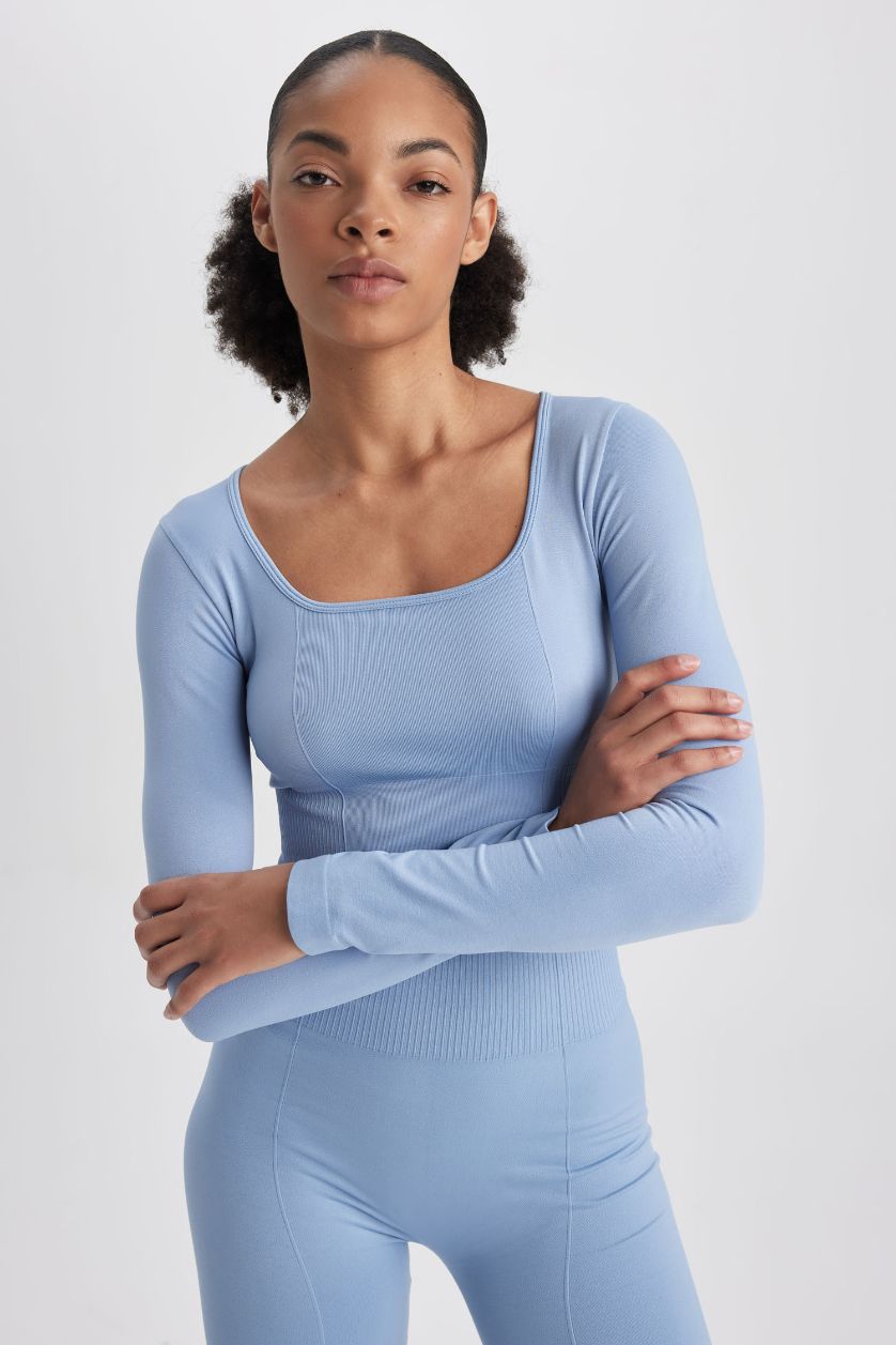 FEMME Bleu T-shirt de sport Crop Top à manches longues et col carré