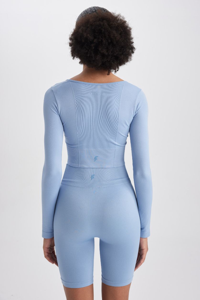 FEMME Bleu T-shirt de sport Crop Top à manches longues et col carré