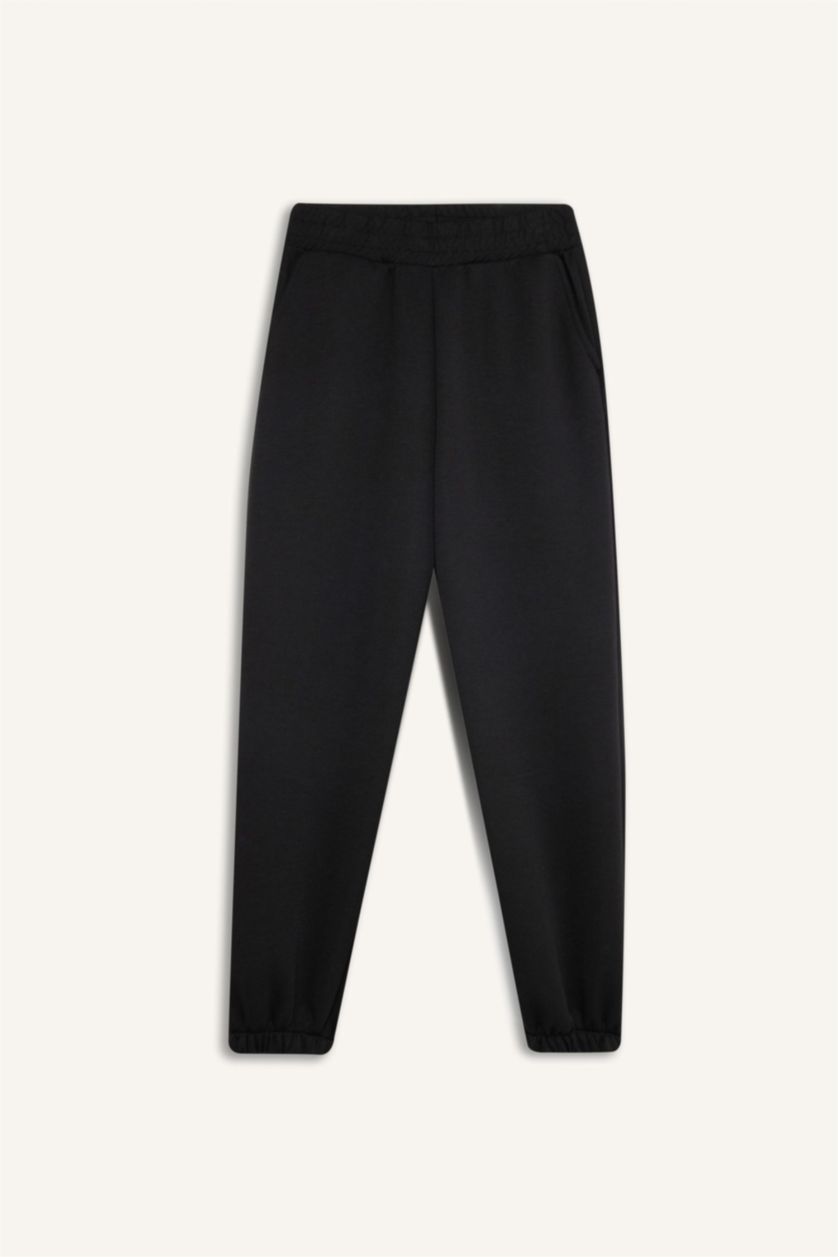 Kadın Siyah Oversize Geniş Kalıp İnce Sporcu Eşofman Altı Çift Cepli Jogger Paça Standart Boy Skuba Dalgıç Kumaş