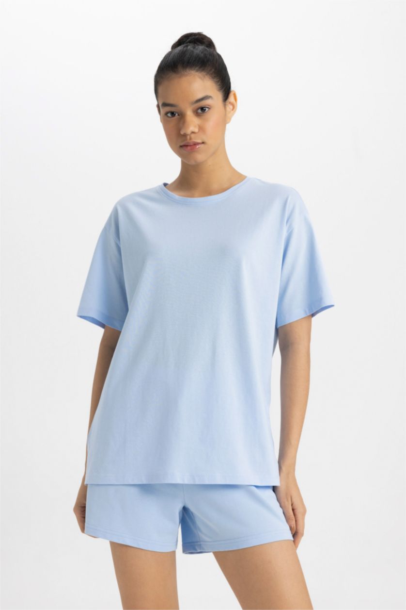 Woman Light Blue Oversize Crew Neck Printed Sports T-Shirt