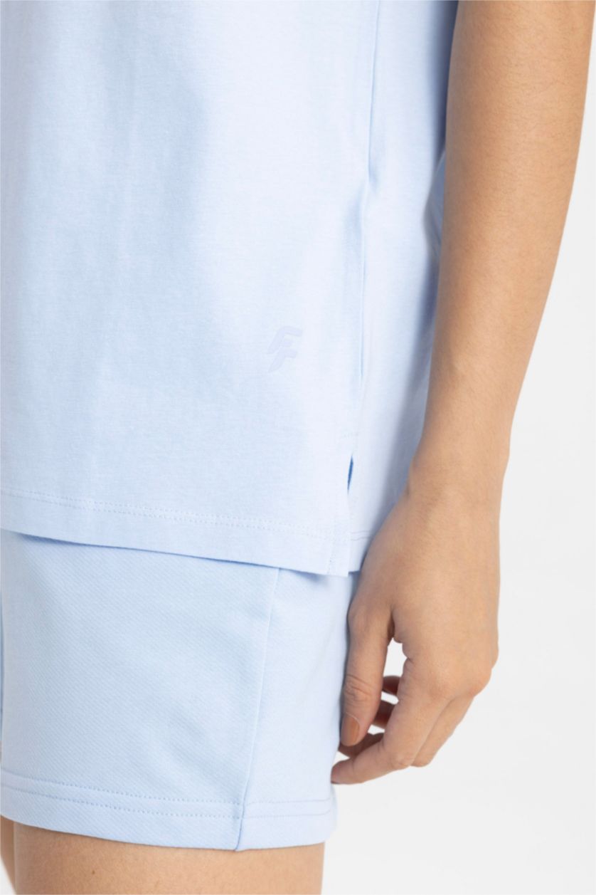 Woman Light Blue Oversize Crew Neck Printed Sports T-Shirt