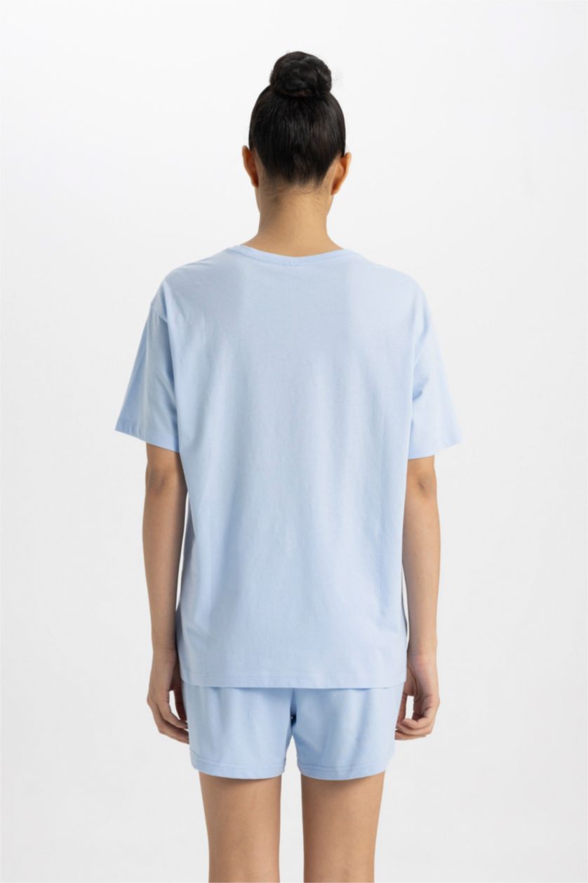 Woman Light Blue Oversize Crew Neck Printed Sports T-Shirt