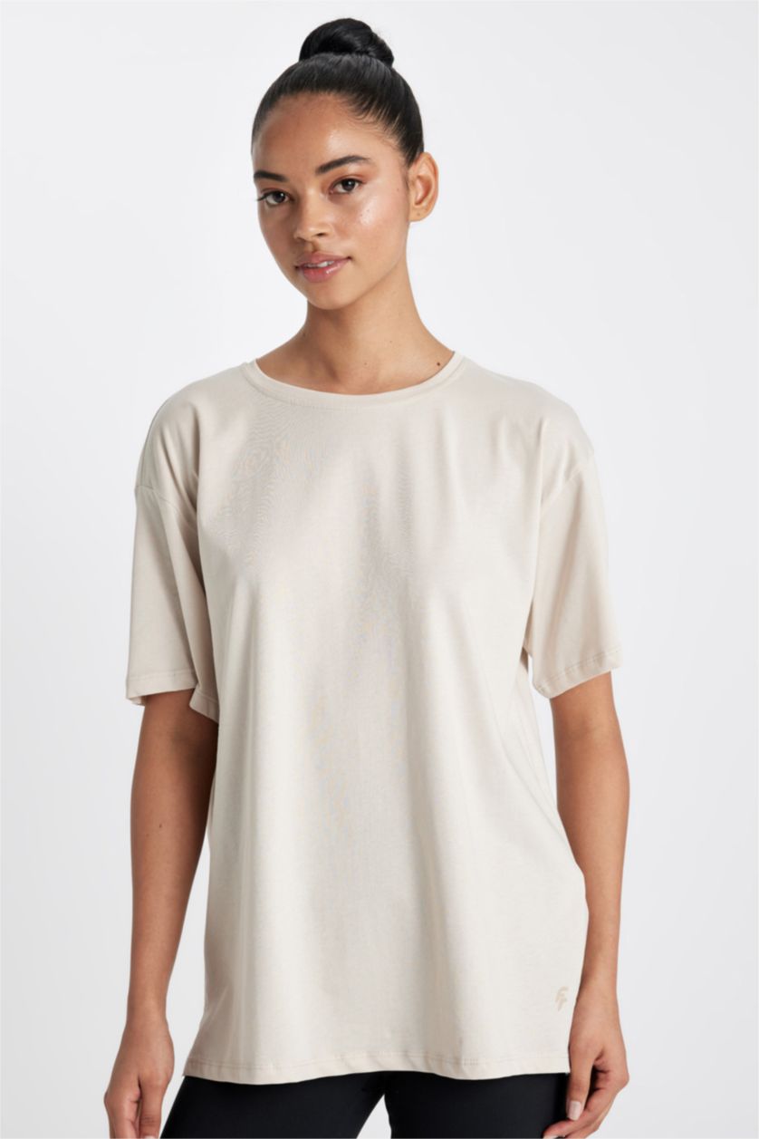 WOMAN Sand DeFactoFit Oversize Crew Neck Printed Sports T-Shirt