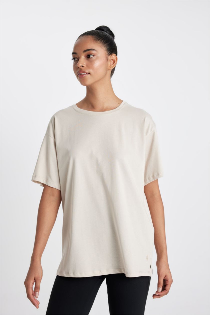 WOMAN Sand DeFactoFit Oversize Crew Neck Printed Sports T-Shirt
