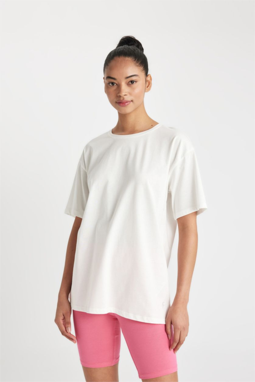 Kadın Ekru Oversize Bisiklet Yaka Baskılı Sporcu Basic Düz Kısa Kollu Tişört